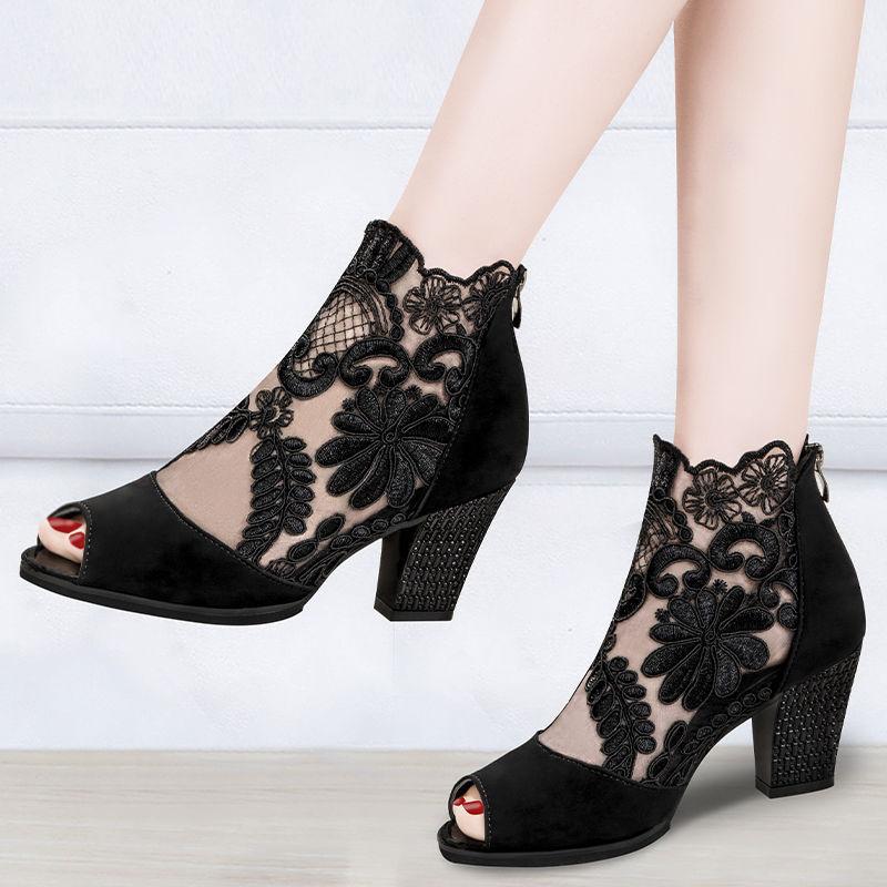 Sandals Female Fish Mouth Shoes Mid-heeled Large Size Sandals Breathable Mesh Shoes Ladies Lace High Heels Sexy All-match