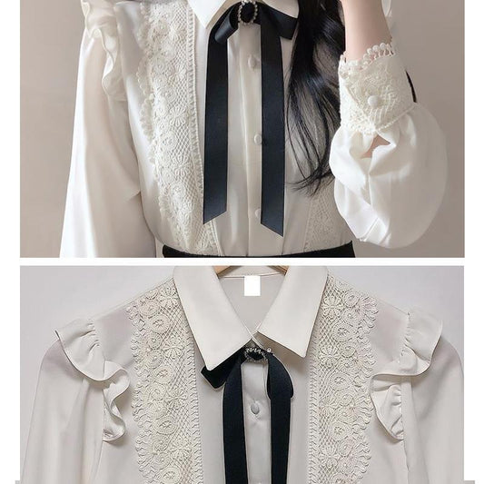 Women Lace Shirt Blouse Tops Bowknot Ruffle Frill Lolita Long Sleeve Office Lady Long Sleeve Top