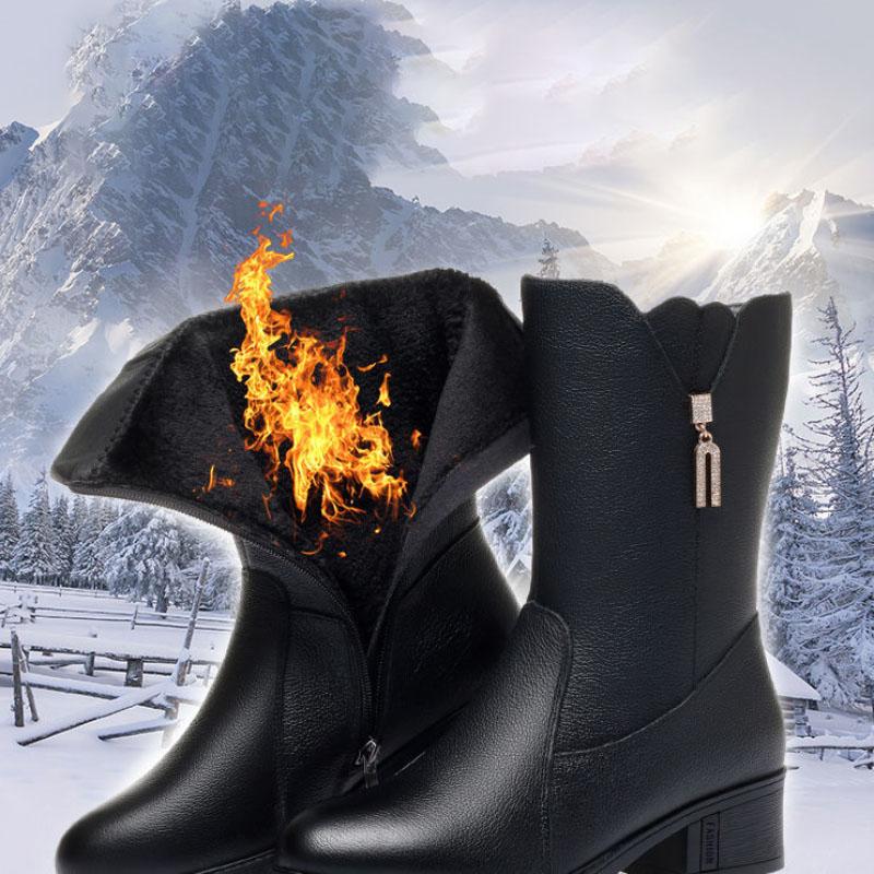 Autumn and Winter Plus Velvet Warm Soft Leather Mid-tube Martin Boots Mid-heel Cotton Boots