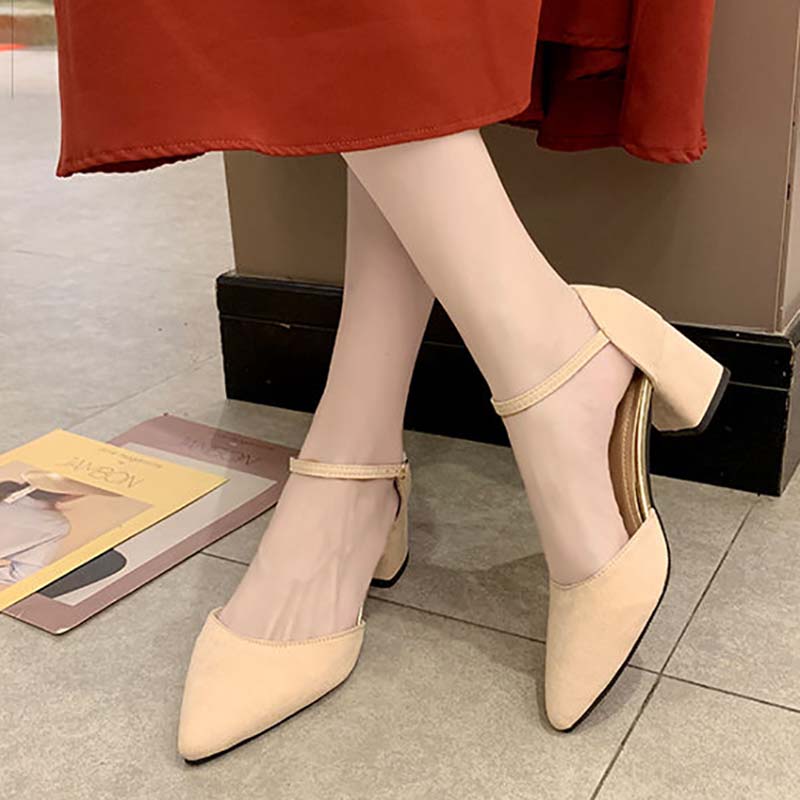 Shoes Female Students Korean Style Single Shoes Female Summer Wild Mid-heel Pointed Toe Buckle Thick Heel High-heeled Shoes Female Sandals