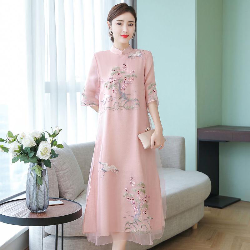 Chiffon  Cheongsam M-XXXXL Plus Size Chinese Style Summer Dress Knee-length Printed Over-the-knee Skirt