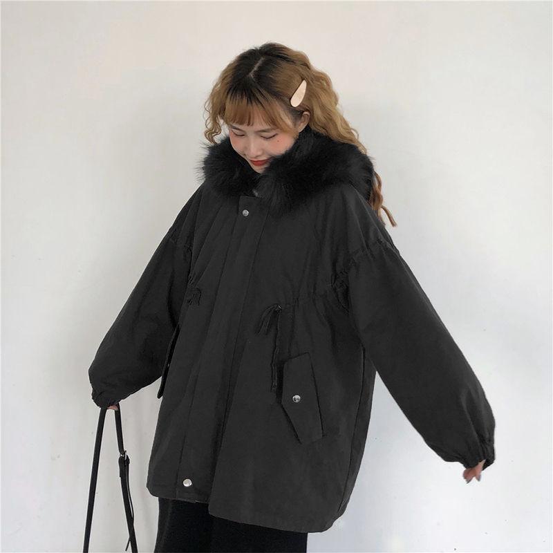 Cotton-padded Jacket Women's Winter Korean Student Loose-fitting Fur Collar Padded Jacket Plus Velvet Thick Mid-length Padded Jacket