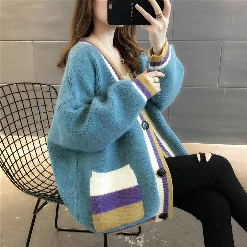 Women's Sweater Coat Autumn and Winter Color Matching Sweater Cardigan Loose and Lazy Wind Mid-length Knitted Cardigan Top