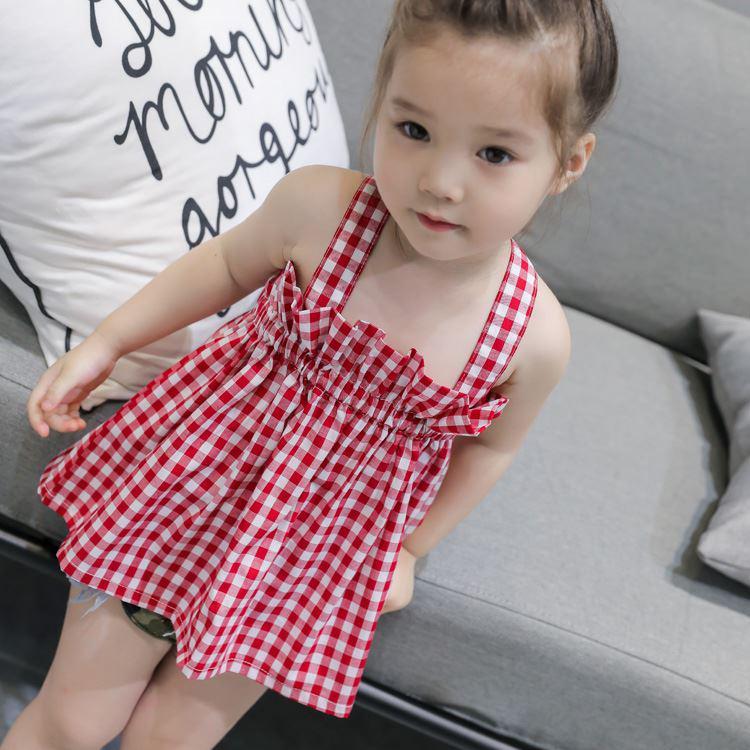 Children Dress Girls Summer Thin Sling Dress Plaid Sleeveless Back Cross Princess Dress Ruffle A-line Dress Suspender Dress