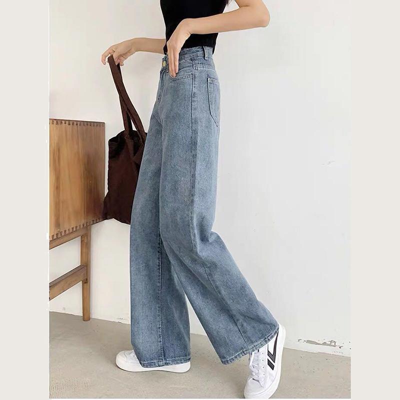 WTEMPO High Waist Women Jeans Loose Casual Great Elasticity Washed Denim Straight-leg Pants Super Long