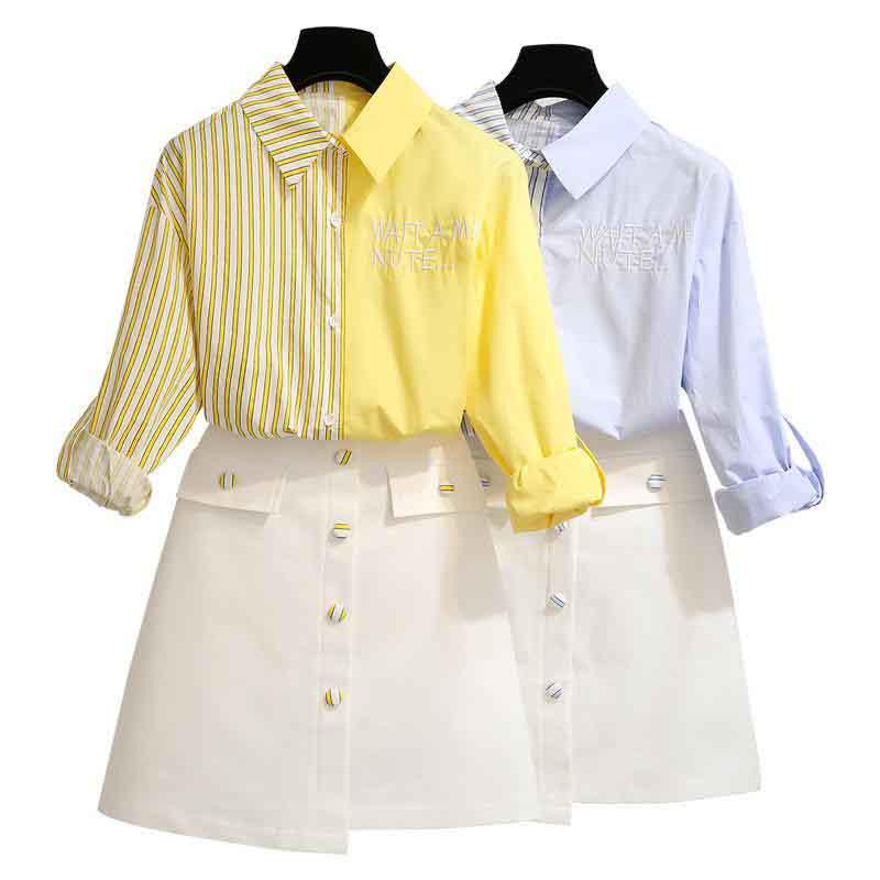 Women Blue Long Sleeve Striped Shirt+White Sexy Skirt 2pcs Office Lady Shirt Skirt Suit