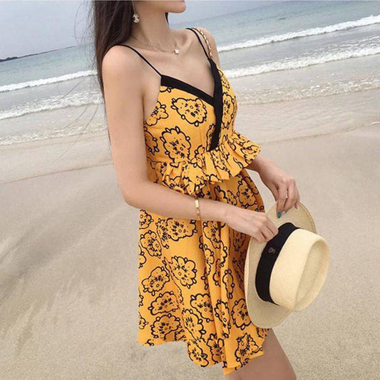 Boho Printed V-neck Strap Dress Holiday Beach Mini Dress Backless Above Knee Sundress