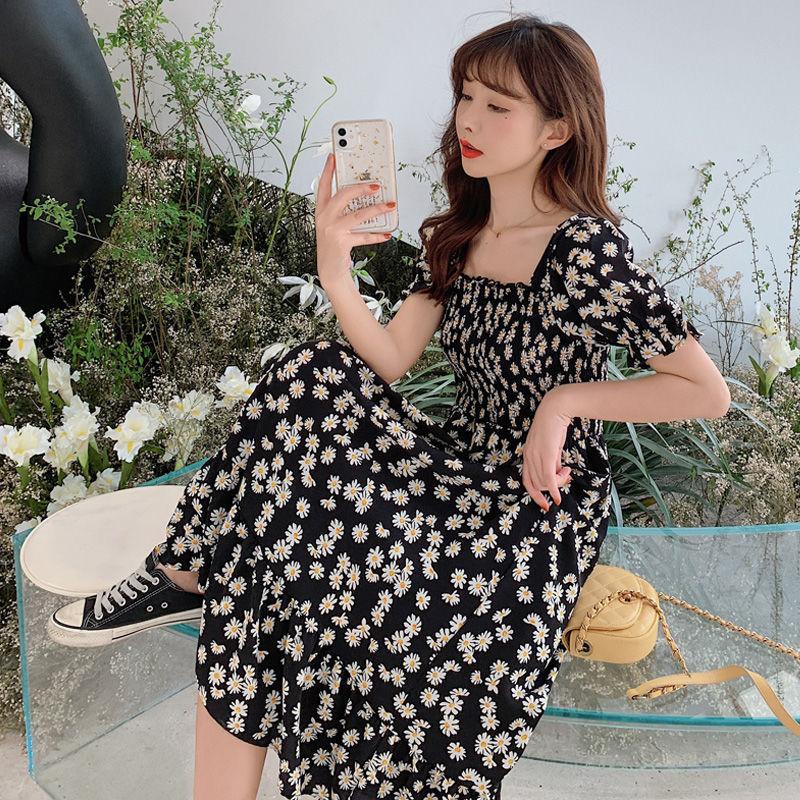 Plus Size Women's Belly Is Thinner Small Daisy Chiffon Dress Rectangular Neckline Exposed Clavicle Plus Size Women's Dress Is Thinner