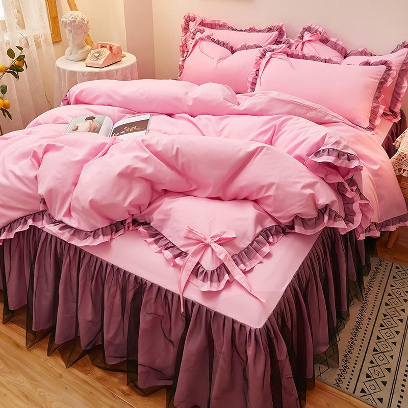 Korean Brushed Bed Skirt Bowknot Four-piece Princess Style Bed Cover Thick Non-slip Lace Bedding