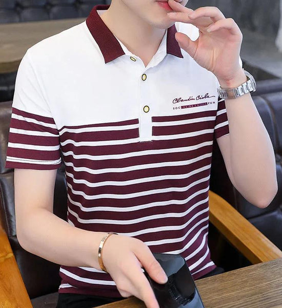 Summer Men's Short-sleeved T-shirt Lapel POLO Shirt Youth Trend Bottoming Shirt Striped Top