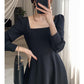 Black Dress Women's Long-sleeved French Retro Hepburn Style Square-neck Long Dress Gentle and Elegant Waist Slimming Square-neck Dress