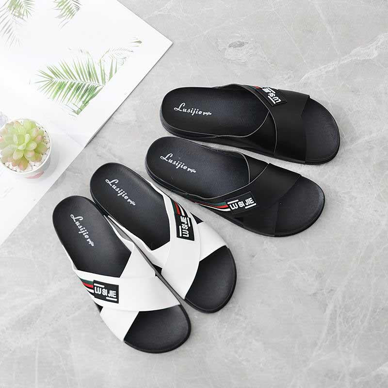 Size40-45 Summer Men Sandals Comfortable Non-slip PU Leather Beach Slippers Casual Outdoor Slippers Cross Alphabet Drag Flip Flops