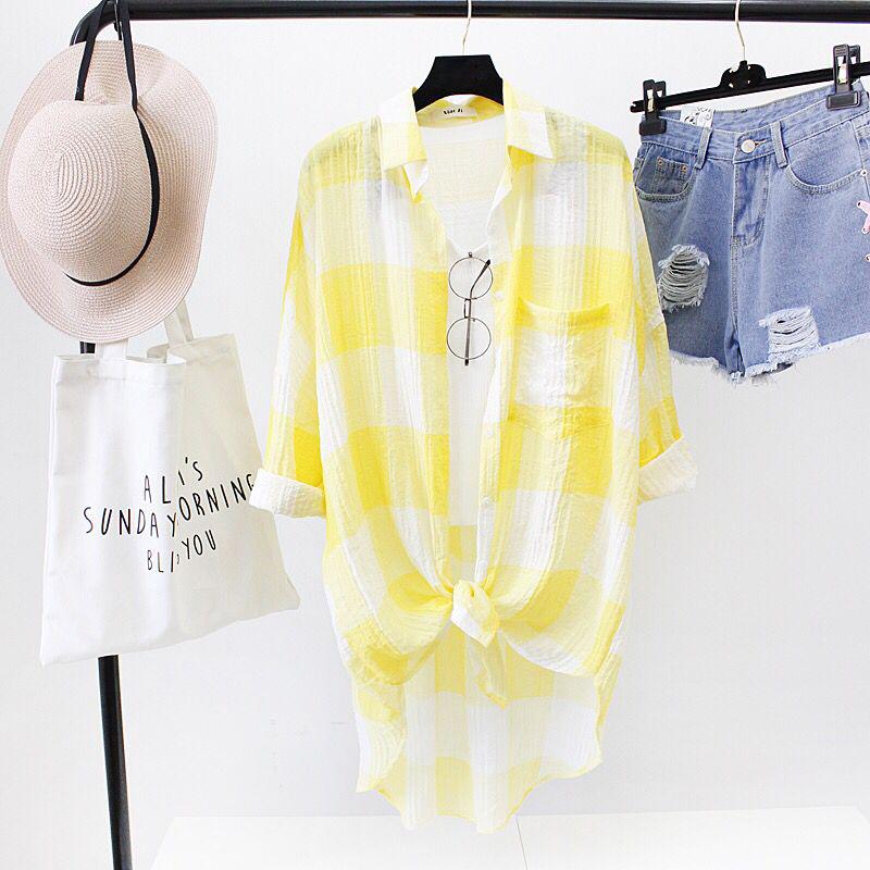 Women's Mid-length Plaid Shirt Long Loose Jacket Women's Sun Protection Clothing Large Size Loose Thin Jacket Ladies Long Chiffon Shirt