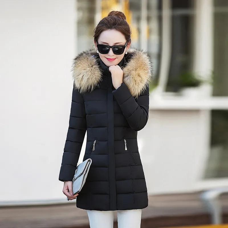 Slim Women Winter Jacket Cotton Padded Warm Thicken Ladies Coat Medium Long Down Coats Fur Collar Hooded Parka Mid-length Womens Jackets