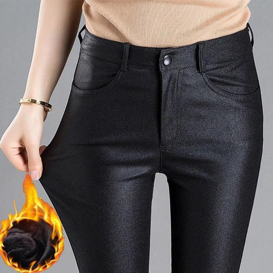 Autumn and Winter Matte Frosted PU Leather Pants Women's Outer Wear Plus Velvet Base Elastic Elastic Waist High Waist Coated Imitation Leather Pants