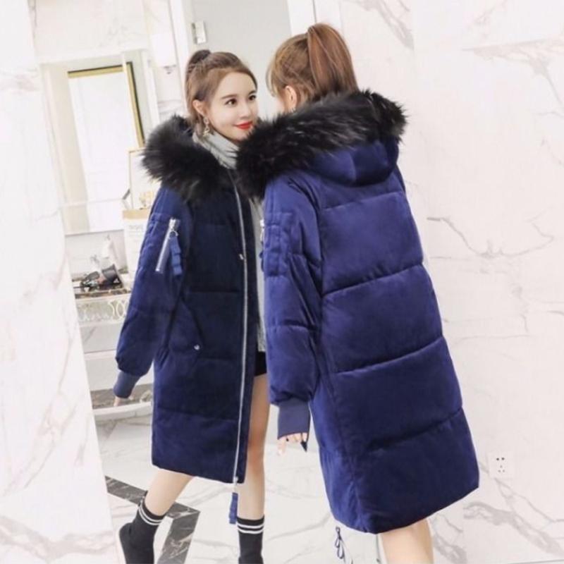 Women's Solid Color Down Jacket Mid-length Korean Loose Thick Coat Warm Cotton Coat Big Fur Collar Winter Clothes Quilted Coat