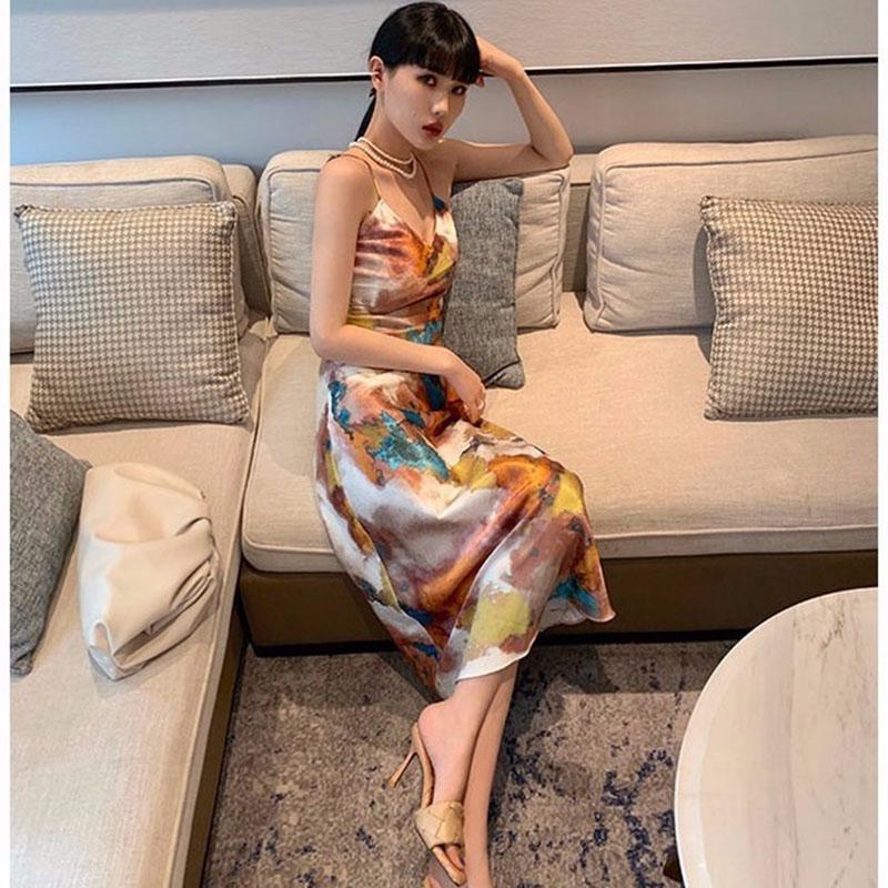 Women Sexy V Neck Maxi Dress Spaghetti Strap Dress Sleeveless Backless Long Painted Print Dress Lady Vestido