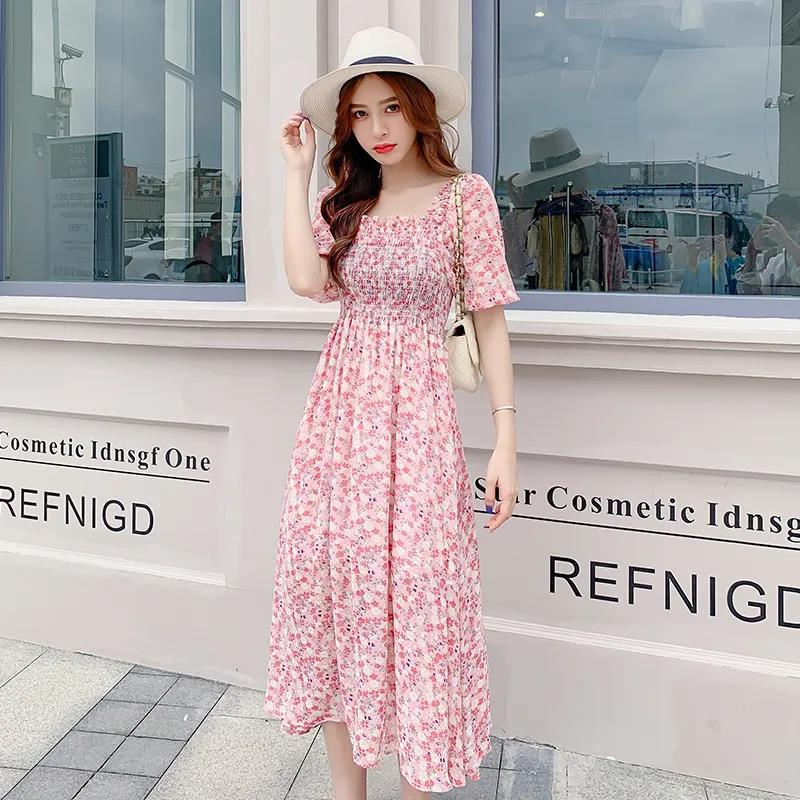 Female Vintage High Waist Super Fairy Holiday Dress Elegant Slim Little Fresh Chiffon Floral Print Dress