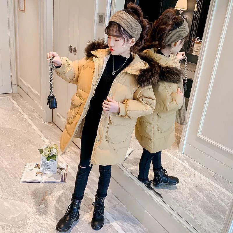 Girls' Thick Warm Cotton-padded Jacket with Large Fur Collar Winter Mid-length Windproof Hooded Jacket