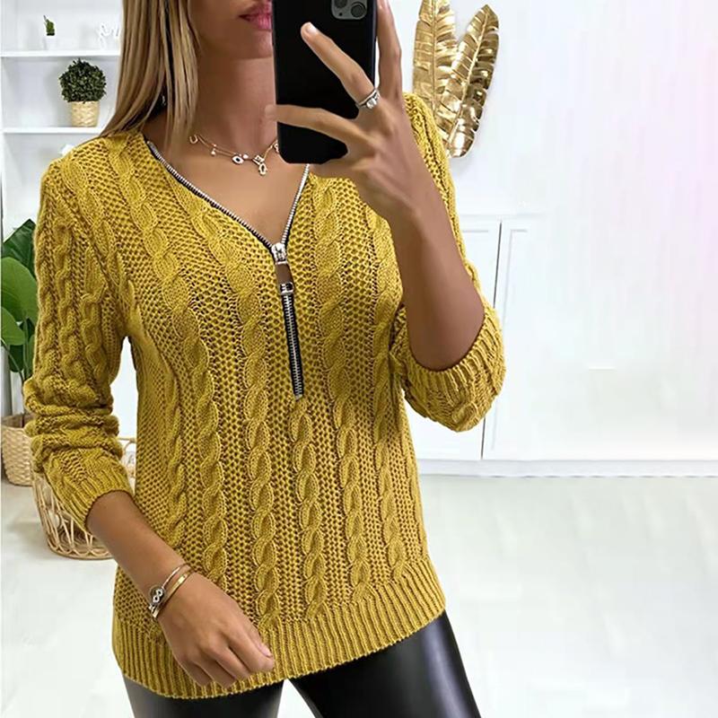 Fall Winter Warm Sweater Women V Neck Zipper Patchwork Twist Knitted Sweater Lady Loose Pullover Tops Fashion Long Sleeve Jumper