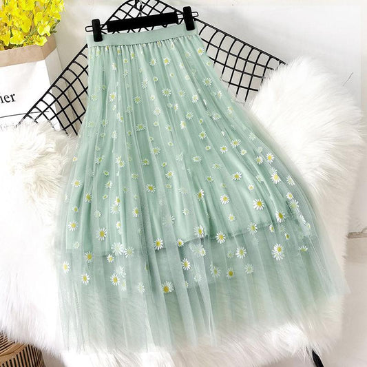 Mesh Skirt, Small Daisy Floral High Waist Thin A-line Skirt 3-layer Mid-length Pleated Skirt Large Skirt Ladies Mesh Skirt Print Decoration