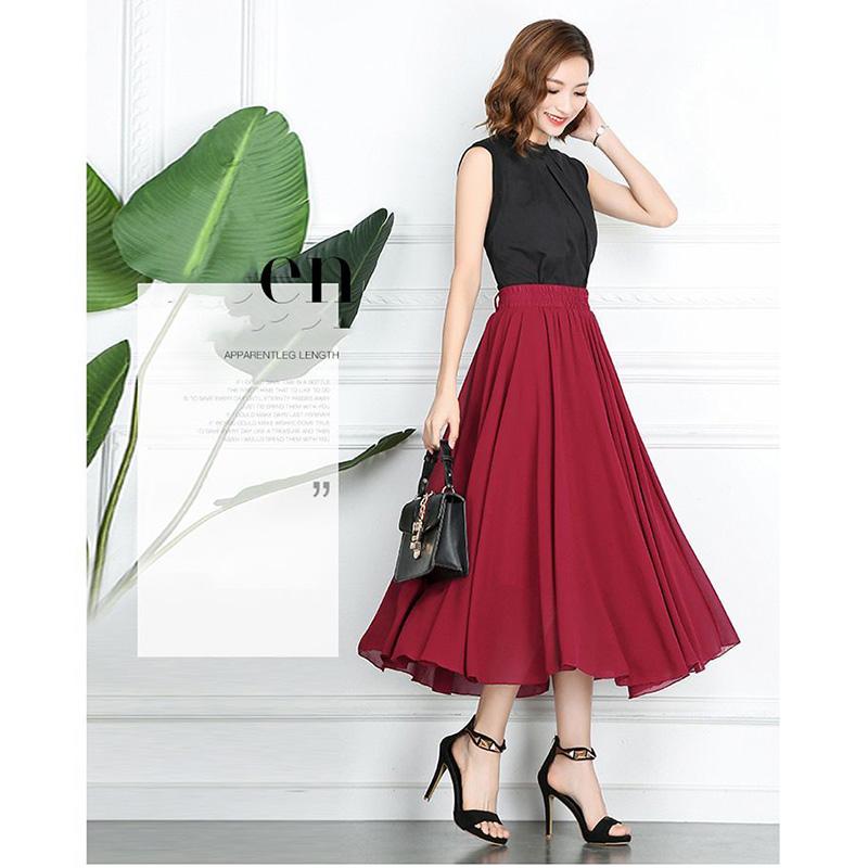 Women Vintage Elegant  High Waist A-line Chiffon Skirt Long Pleated Skirt