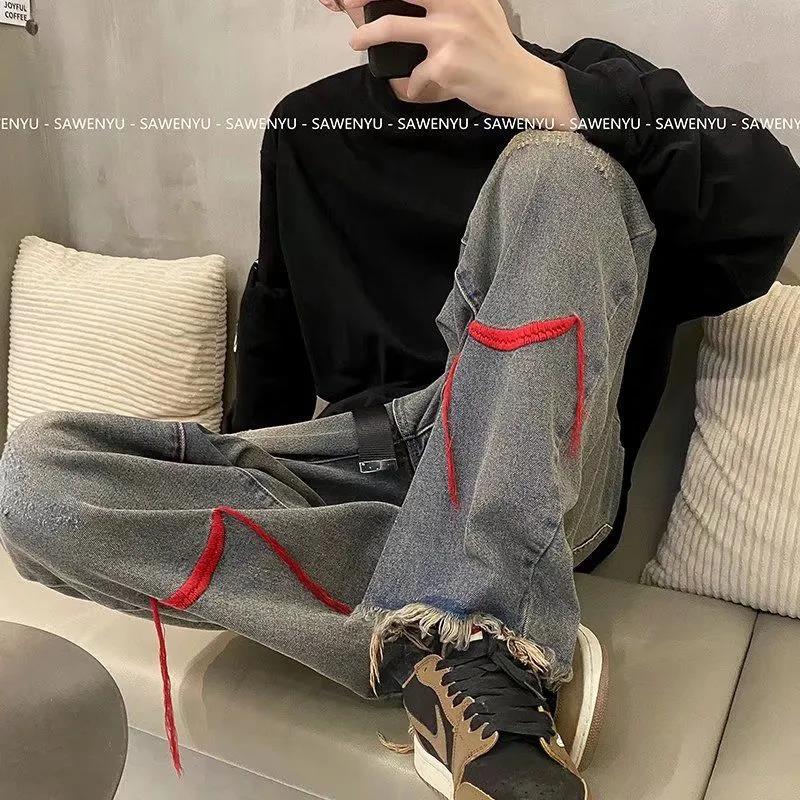 Retro Jeans Men's and Women's Red Thread Embroidery High Street Country Tide Wash Design Sense Straight Pants Personality Raw Edge Tide Pants