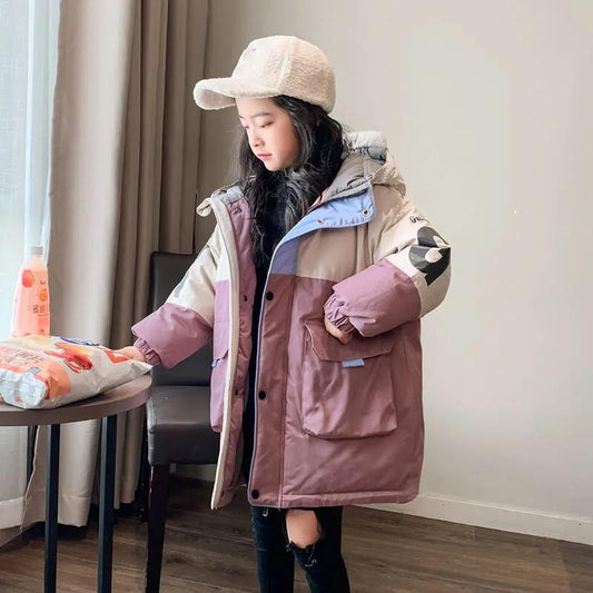 Girls' Winter Warm Cotton Coat Cotton Padded Jacket Mid-length Windproof Down Padded Jacket