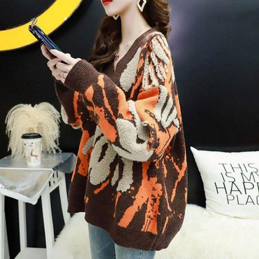 Vintage Color Matching V-neck Sweater Women all-mach Loose Pullover Knit Jumper Tops Autumn Winter