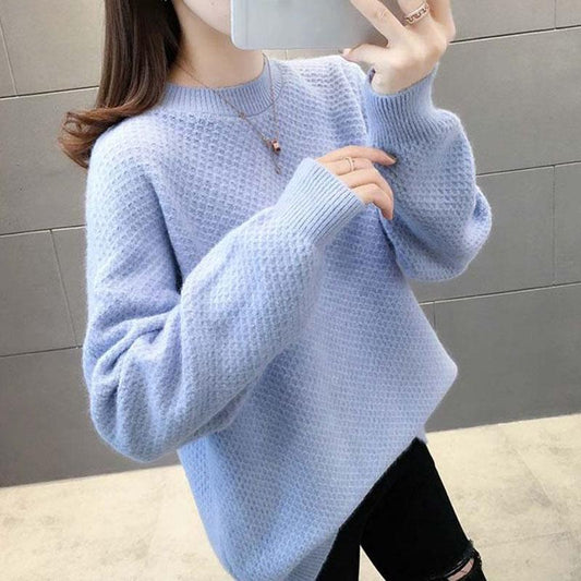 Autumn and Winter Loose Sweater Thick Korean Knit Jacket Half High Collar Casual Girl Student's Top