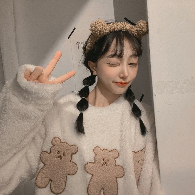 Women's Winter Thick and Velvet Korean Pajamas Suit Fashion Flannel Cartoon Outer Wear Cute Sweet Home Service