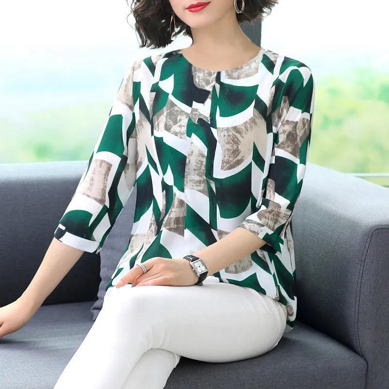 Printed Top Women's Three-quarter Sleeve Spring and Autumn T-shirt Round Neck Loose Top