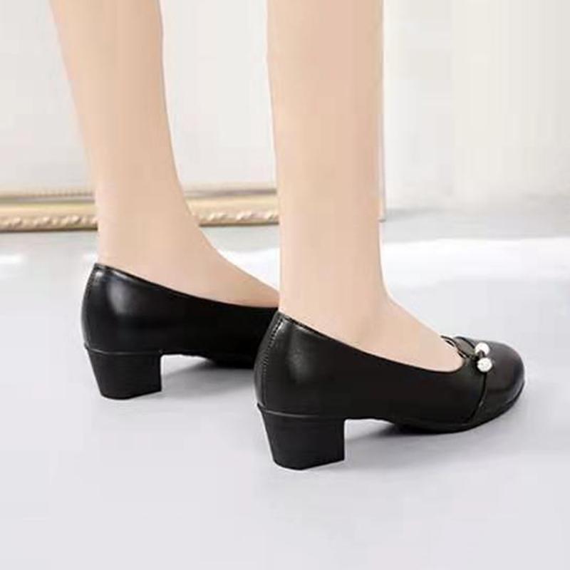 Single Shoes Thick Heel Soft Leather Mother Shoes Round Toe All-match Non-slip Comfortable Work 4cm Medium Heel Women's Leather Shoes