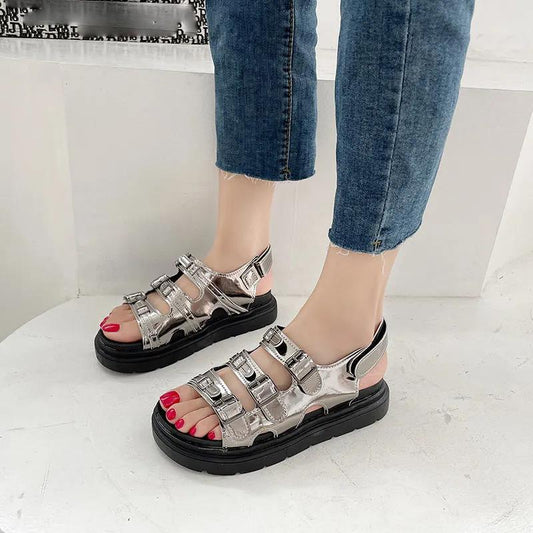 Sandals Women's All-match Flat Platform Platform Shoes Summer Beach Shoes Black Shoes Women's Glossy Casual Sports Sandals