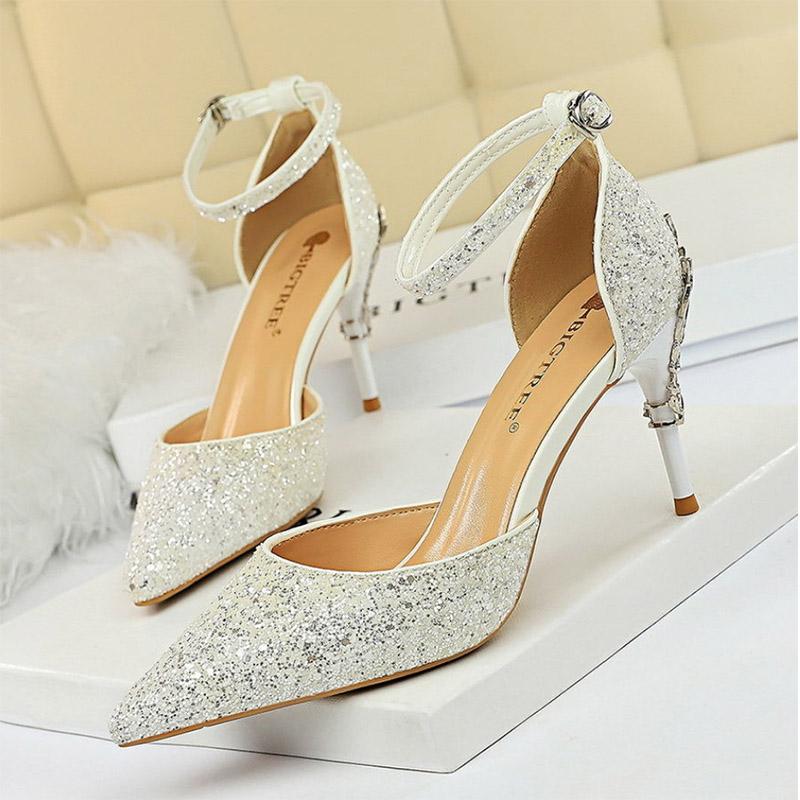 Women's Shoes Crystal Silver High Heels Stiletto All-match Sexy Sequined Princess Shoes Wedding Shoes