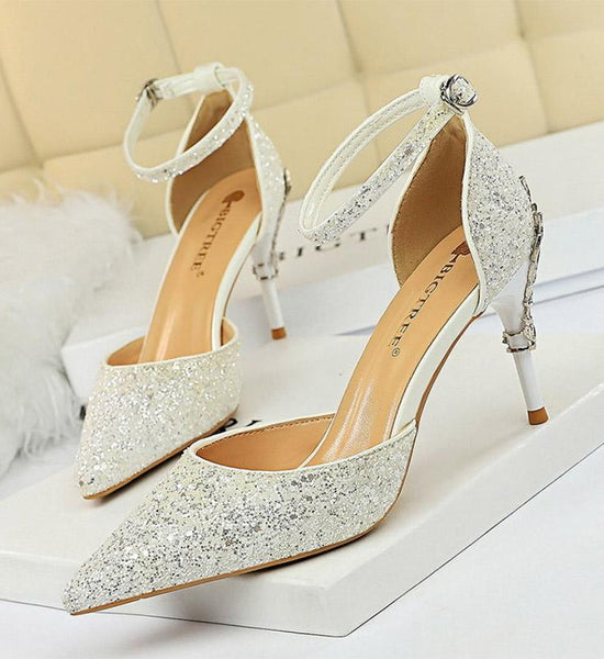 Women's Shoes Crystal Silver High Heels Stiletto All-match Sexy Sequined Princess Shoes Wedding Shoes