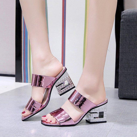 Summer Thick with One Word Drag Color Matching Women's Outer Wear Fashion High-heeled Slippers