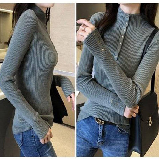 Women Knitted Pullover Sweater Long Sleeve half Turtleneck Sexy Slim Lady Button Casual Sweaters Top