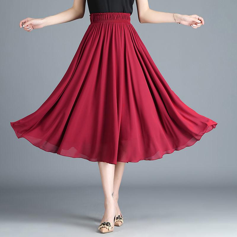 Women Vintage Elegant  High Waist A-line Chiffon Skirt Long Pleated Skirt