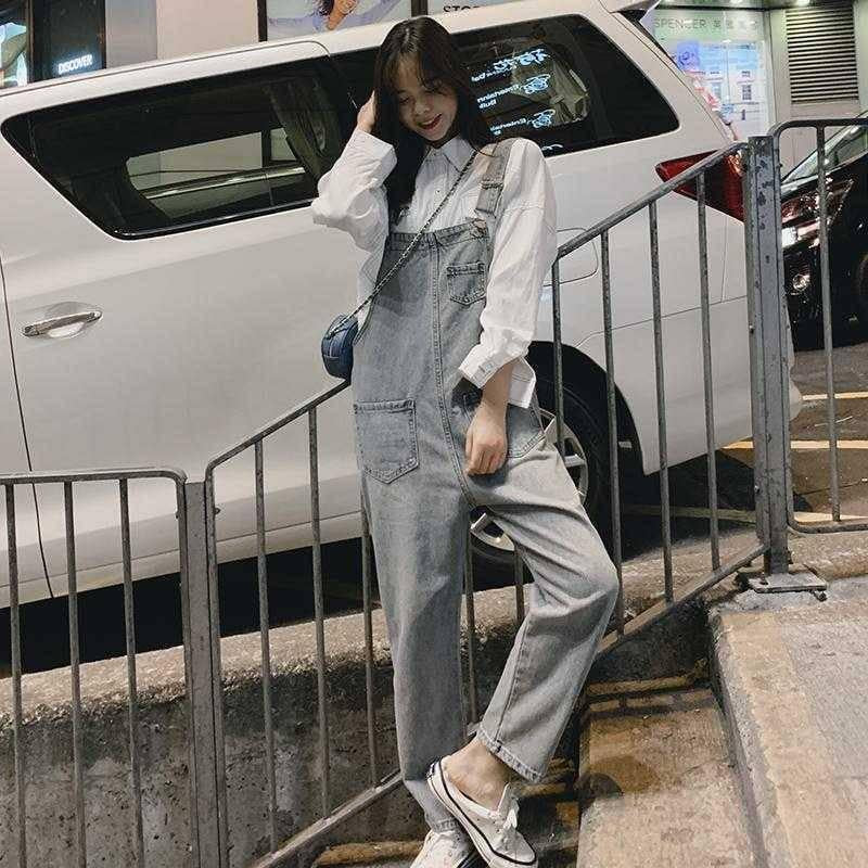 Denim Overalls Female Summer Student Korean Version of Loose Ins Wild Wide-foot Thin Pants