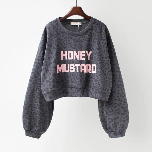 Women's Leopard Print Long Sleeve Sweater Autumn Korean Letter Print Loose Bottoming Shirt Short Round Neck Shirt