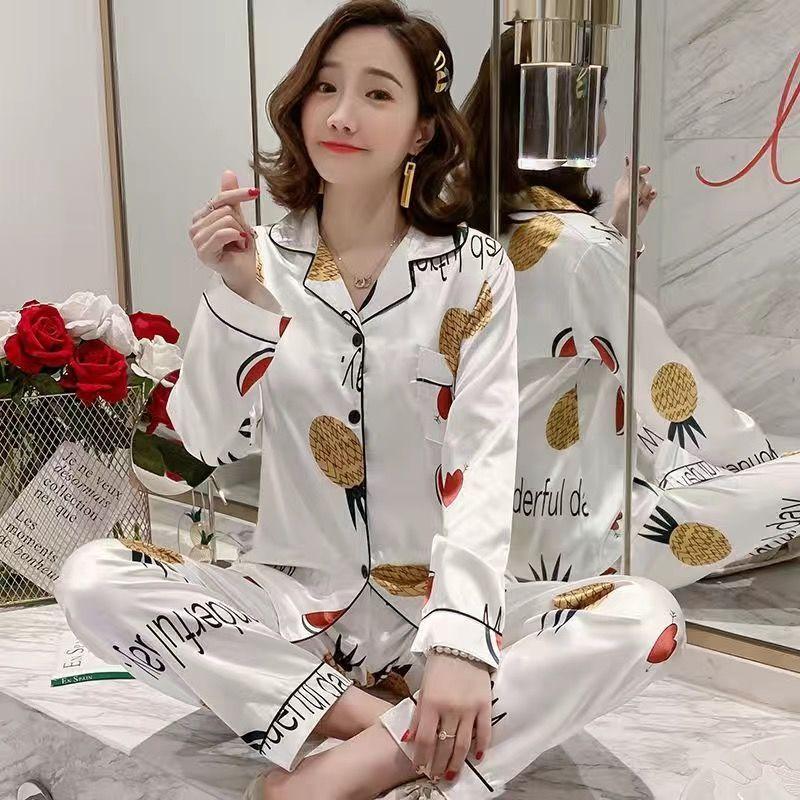 Ice Silk Long-sleeved Thin Women's Pajamas Sexy Korean Style Cute Spring and Summer Plus Size Two-piece Suit