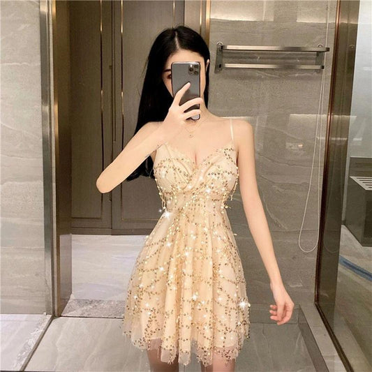 Women Summer Fringe Sequins Evening Club Halter Dress Vintage Unusual Beach Dress Mesh Slim Backless Short Night Party Dress