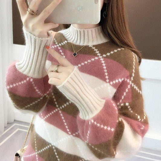 Women Sweater Round Collar Colorblock Long Sleeve Knit Top Multicolor with Splicing Thin Sweaters