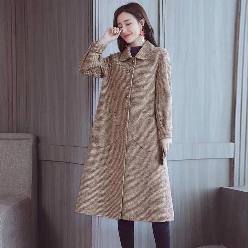 Woolen Coat Women Can't Afford To Ball Mid-length Autumn and Winter Houndstooth Loose Doll Collar Woolen Coat