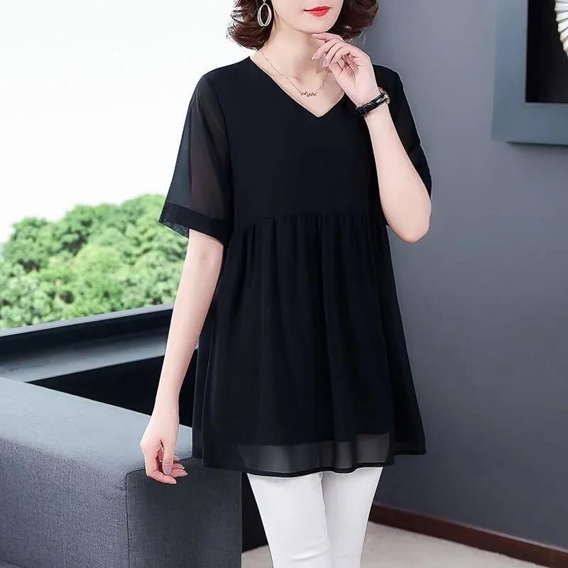 Summer Women's Loose Chiffon V-neck Short-sleeved Large Size All-match Casual Top