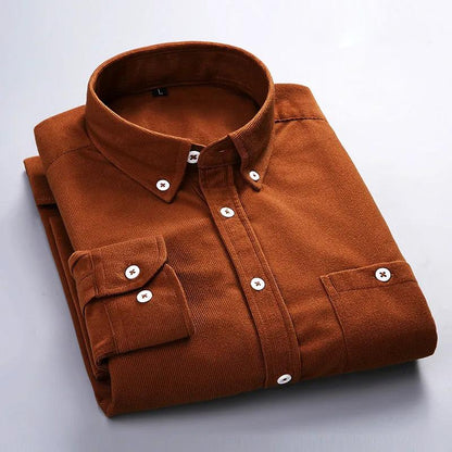 Men's Corduroy Slim Long Sleeve Shirts Solid Color Casual Tops Business Lapel Spring and Autumn Outer Tops