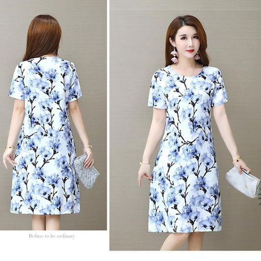 Summer Casual Dress Women's O-neck Short-sleeved Floral Print Mid-length Loose Dress Fabric Light and Breathable Women's Casual Plus Size Dress