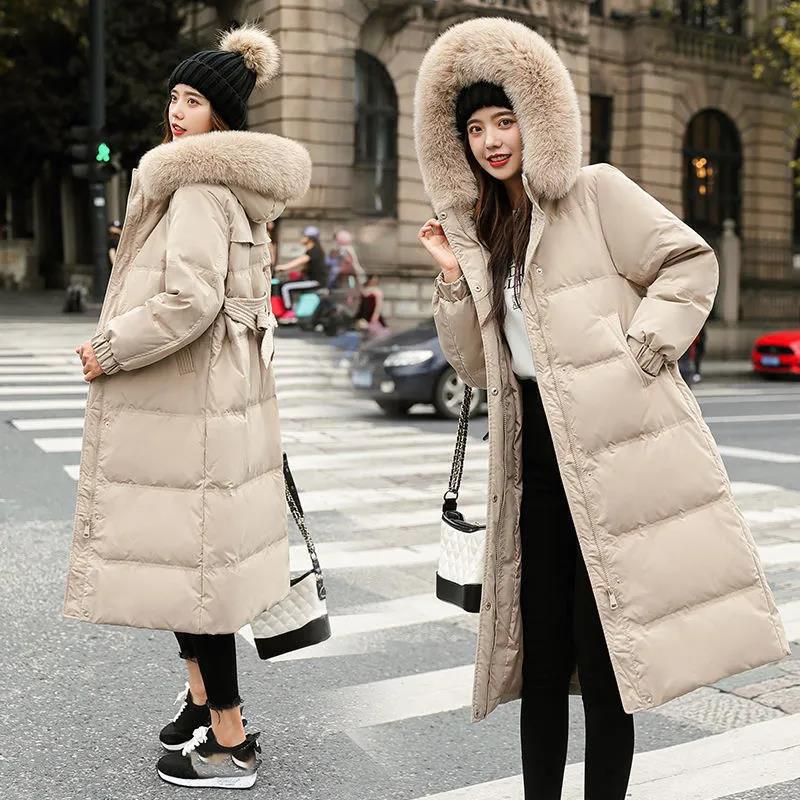 Down Jacket Winter Ladies Fashion Korean Big Fur Collar Thick Warm Hooded Mid-length Plus Size Cotton Jacket