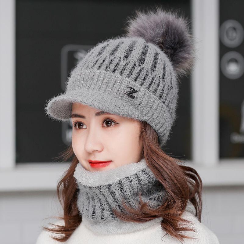 Scarf & Hat Set Women Winter Warm Pompoms Hat Knitted Soft Caps and Scarves